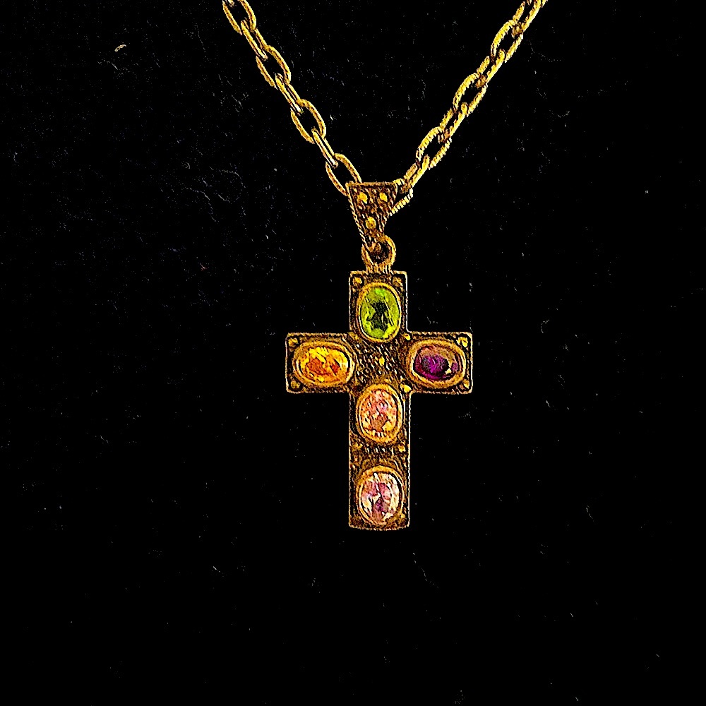 Sterling silver cross pendant and chain with multi colored gemstones/marcasite.